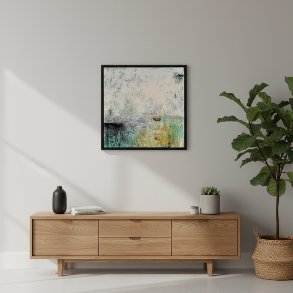 Abstract Painting Texture Wall Art Original Teal 24x24 Green White Black Gray Contemporary Ready to Hang Stretched Canvas Not A Print