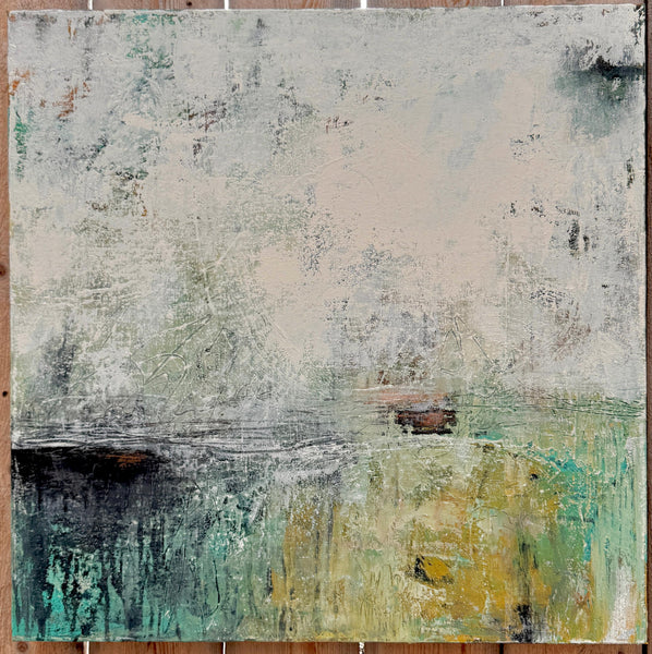 Abstract Painting Texture Wall Art Original Teal 24x24 Green White Black Gray Contemporary Ready to Hang Stretched Canvas Not A Print