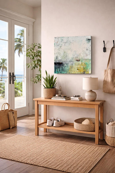 Abstract Painting Texture Wall Art Original Teal 24x24 Green White Black Gray Contemporary Ready to Hang Stretched Canvas Not A Print