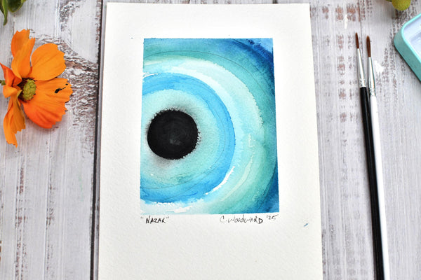 Watercolor Painting Original Evil Eye Wall Art, 5x7 on Paper Unframed, Blue White Home Decor, Not A Print, Italy Nazar Turkish Boho