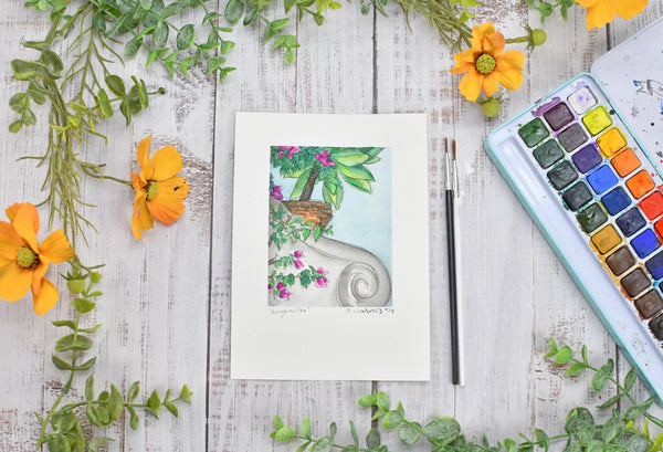 Watercolor Painting Original Floral Wall Art, 5x7 on Paper Unframed, Gray Green Pink Home Decor, Not A Print, Amalfi Italy Bougainvillea