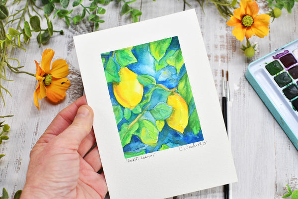 Watercolor Painting Original Lemons Wall Art, 5x7 on Paper Unframed, Blue Green Yellow Fruit Home Decor, Not A Print, Positano Amalfi Italy