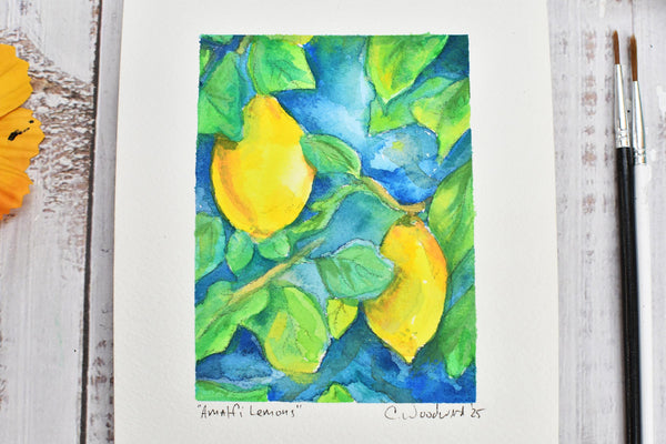 Watercolor Painting Original Lemons Wall Art, 5x7 on Paper Unframed, Blue Green Yellow Fruit Home Decor, Not A Print, Positano Amalfi Italy