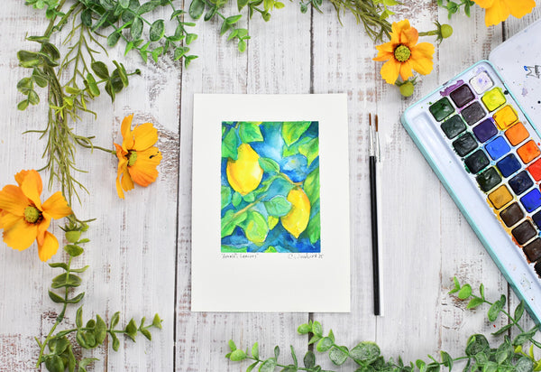 Watercolor Painting Original Lemons Wall Art, 5x7 on Paper Unframed, Blue Green Yellow Fruit Home Decor, Not A Print, Positano Amalfi Italy