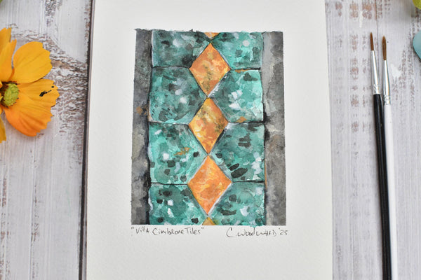 Watercolor Painting Original Green Wall Art, 5x7 on Paper Unframed, Gray Yellow Home Decor, Not A Print, Ravello Diamond Tiles Amalfi Italy