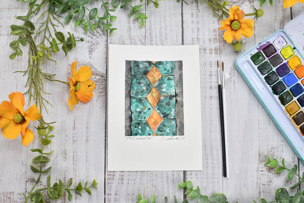 Watercolor Painting Original Green Wall Art, 5x7 on Paper Unframed, Gray Yellow Home Decor, Not A Print, Ravello Diamond Tiles Amalfi Italy