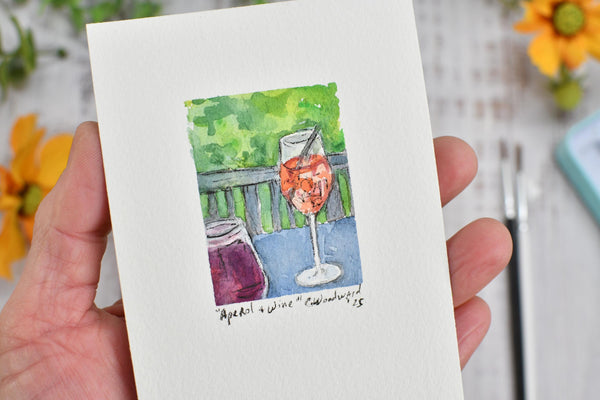 Watercolor Mini Painting Original Aperol Spritz Wall Art, Paper Unframed, Blue Green Wine Home Decor, Not A Print, Positano Amalfi Italy
