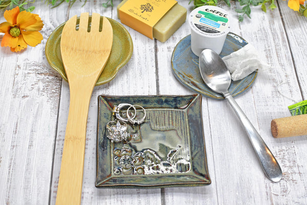 Texas State Ceramic Spoon Rest, Handmade Coffee Tea Spoon, Jewelry Trinket Dish, Stoneware Pottery, Black, Blue, Green, Brown, Rustic