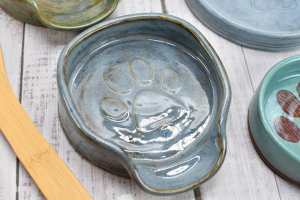 Paw Print Ceramic Spoon Rest Stove Top Wine Bottle Drip Dish Handmade Stoneware Pottery Dog Cat Animal Lover Gift Friend Mom Blue Brown
