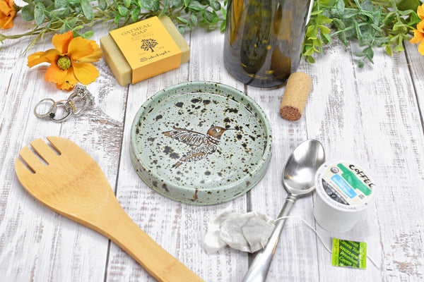 Hummingbird Ceramic Handmade Pottery, Medium Spoon Rest for Coffee Tea, Countertop, Robins Egg Gray Blue Speckled Wine Bottle Drip Dish