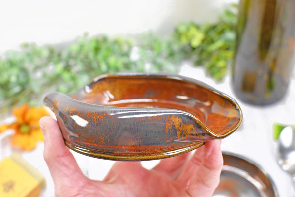 Spoon Rest Ceramic Rust Brown Large Pottery Stovetop Handmade Stoneware, Tabletop, Countertop Maroon Jasper Coffee Tea Bag Holder, Soap Dish