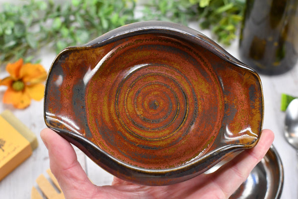 Spoon Rest Ceramic Rust Brown Large Pottery Stovetop Handmade Stoneware, Tabletop, Countertop Maroon Jasper Coffee Tea Bag Holder, Soap Dish