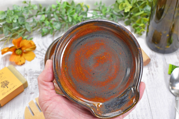 Spoon Rest Ceramic Rust Brown Large Pottery Stovetop Handmade Stoneware, Tabletop, Countertop Maroon Jasper Coffee Tea Bag Holder, Soap Dish