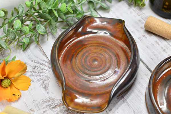 Spoon Rest Ceramic Rust Brown Large Pottery Stovetop Handmade Stoneware, Tabletop, Countertop Maroon Jasper Coffee Tea Bag Holder, Soap Dish