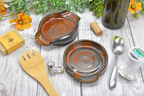 Spoon Rest Ceramic Rust Brown Large Pottery Stovetop Handmade Stoneware, Tabletop, Countertop Maroon Jasper Coffee Tea Bag Holder, Soap Dish