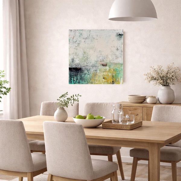 Abstract Painting Texture Wall Art Original Teal 24x24 Green White Black Gray Contemporary Ready to Hang Stretched Canvas Not A Print