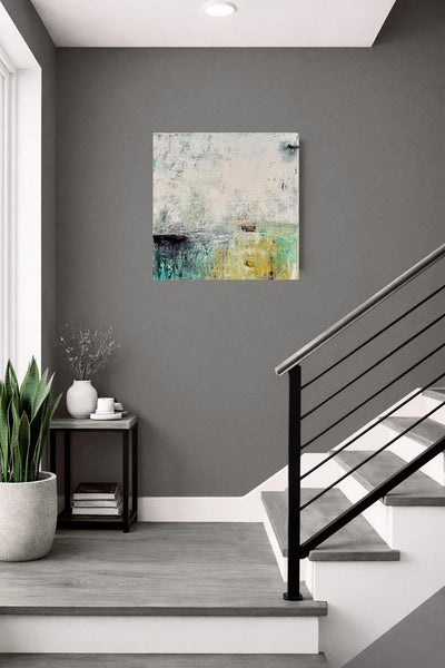 Abstract Painting Texture Wall Art Original Teal 24x24 Green White Black Gray Contemporary Ready to Hang Stretched Canvas Not A Print