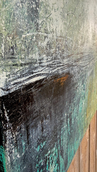 Abstract Painting Texture Wall Art Original Teal 24x24 Green White Black Gray Contemporary Ready to Hang Stretched Canvas Not A Print