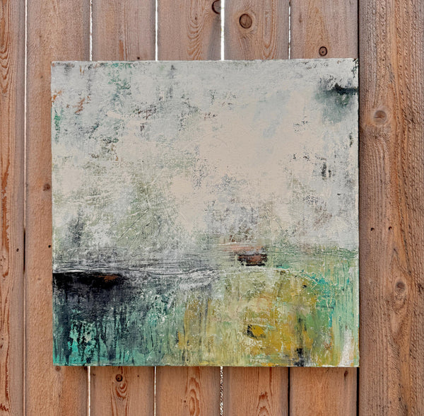 Abstract Painting Texture Wall Art Original Teal 24x24 Green White Black Gray Contemporary Ready to Hang Stretched Canvas Not A Print