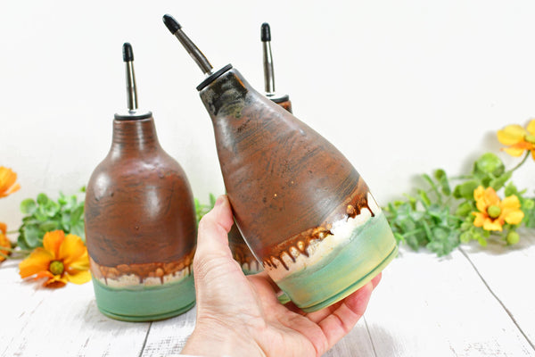 Ceramic Olive Oil Dispenser, Handmade Pottery Liquid Soap Bottle, Stoneware Bronze, Copper, Rust, Turquoise for Bathroom and Kitchen Decor