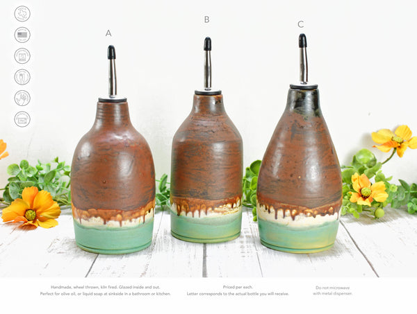 Ceramic Olive Oil Dispenser, Handmade Pottery Liquid Soap Bottle, Stoneware Bronze, Copper, Rust, Turquoise for Bathroom and Kitchen Decor