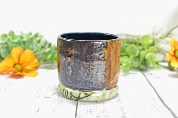 Bronze Whiskey Bourbon Cup, Pottery Anniversary Handmade Ceramic Tumbler Barware Wine Gift, Black, Green, Tan Mediterranean Moroccan SECONDS