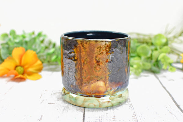 Bronze Whiskey Bourbon Cup, Pottery Anniversary Handmade Ceramic Tumbler Barware Wine Gift, Black, Green, Tan Mediterranean Moroccan SECONDS