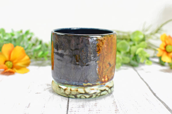 Bronze Whiskey Bourbon Cup, Pottery Anniversary Handmade Ceramic Tumbler Barware Wine Gift, Black, Green, Tan Mediterranean Moroccan SECONDS