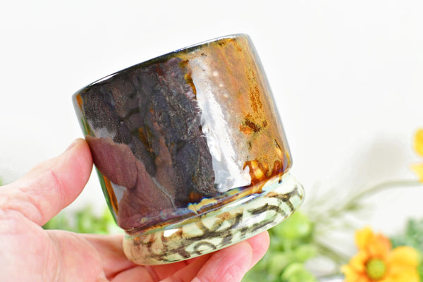 Bronze Whiskey Bourbon Cup, Pottery Anniversary Handmade Ceramic Tumbler Barware Wine Gift, Black, Green, Tan Mediterranean Moroccan SECONDS