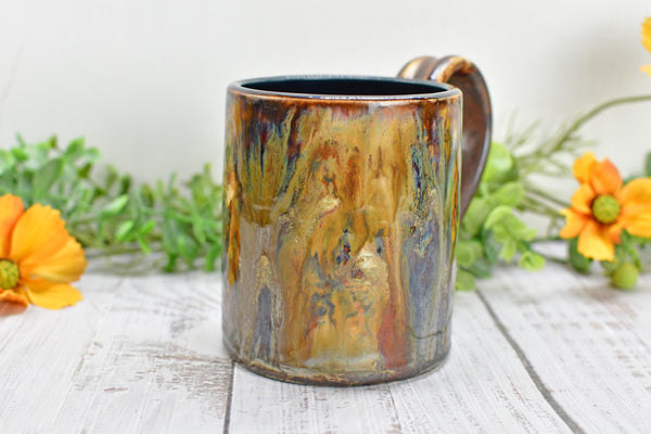 Bronze Black Coffee Mug, Drippy Ceramic Pottery Cup, Handmade Anniversary Gift, Tan Earthy Drinkware