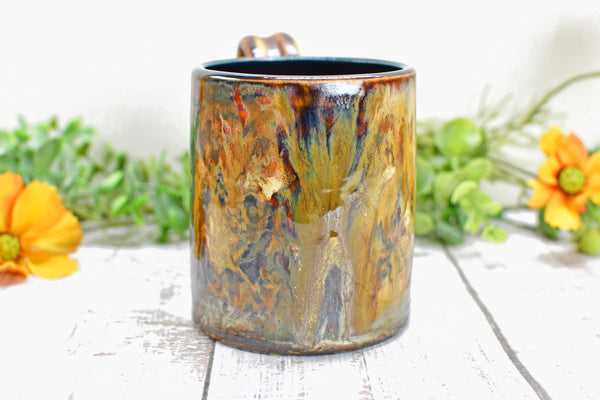 Bronze Black Coffee Mug, Drippy Ceramic Pottery Cup, Handmade Anniversary Gift, Tan Earthy Drinkware