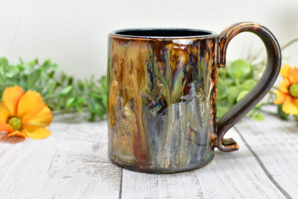 Bronze Black Coffee Mug, Drippy Ceramic Pottery Cup, Handmade Anniversary Gift, Tan Earthy Drinkware
