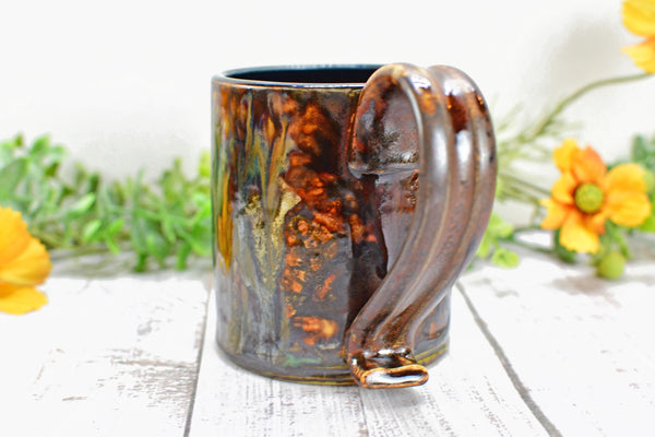 Bronze Black Coffee Mug, Drippy Ceramic Pottery Cup, Handmade Anniversary Gift, Tan Earthy Drinkware