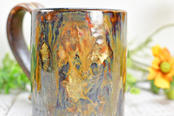 Bronze Black Coffee Mug, Drippy Ceramic Pottery Cup, Handmade Anniversary Gift, Tan Earthy Drinkware