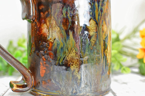 Bronze Black Coffee Mug, Drippy Ceramic Pottery Cup, Handmade Anniversary Gift, Tan Earthy Drinkware