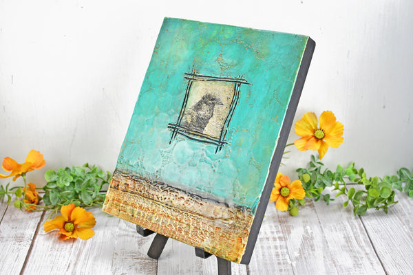 Raven Bird Original Encaustic Painting, Mixed Media Hand Painted Gift on Wood Cradle Board