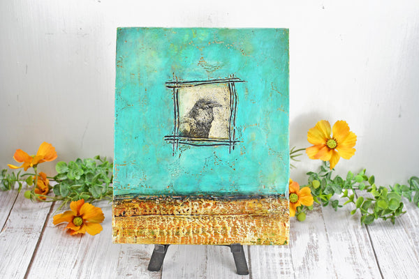 Raven Bird Original Encaustic Painting, Mixed Media Hand Painted Gift on Wood Cradle Board
