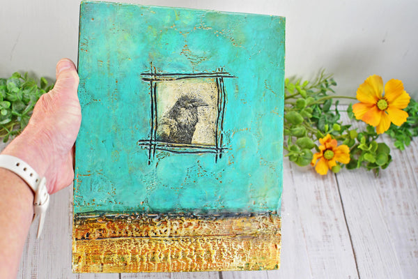 Raven Bird Original Encaustic Painting, Mixed Media Hand Painted Gift on Wood Cradle Board