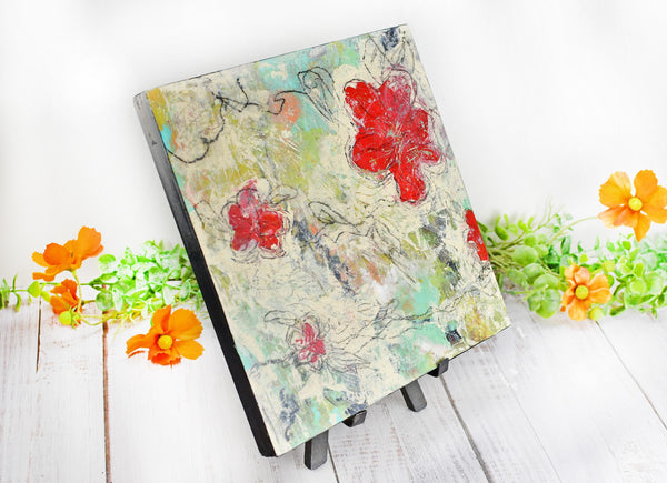 Abstract Red Poppy Floral Painting, Mixed Media Wood Panel Art