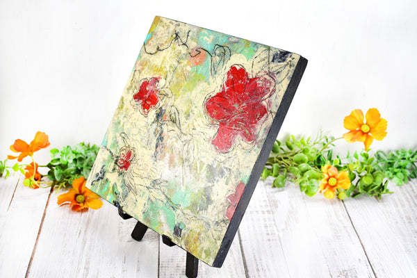 Abstract Red Poppy Floral Painting, Mixed Media Wood Panel Art