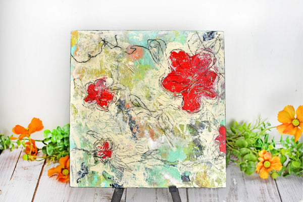Abstract Red Poppy Floral Painting, Mixed Media Wood Panel Art