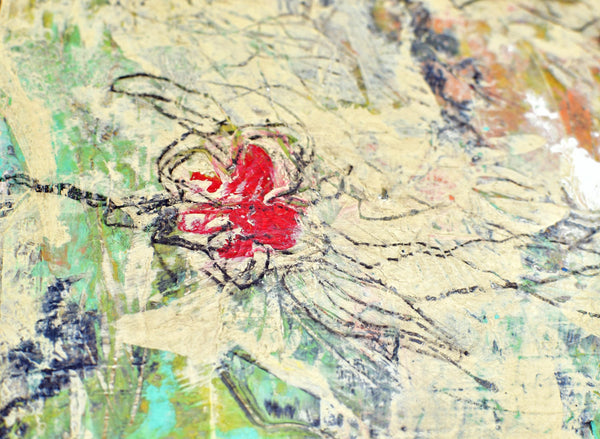 Abstract Red Poppy Floral Painting, Mixed Media Wood Panel Art