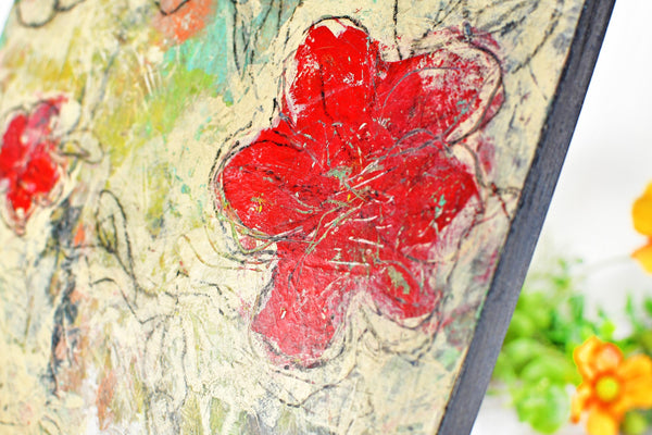 Abstract Red Poppy Floral Painting, Mixed Media Wood Panel Art