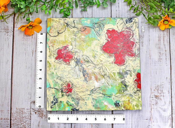 Abstract Red Poppy Floral Painting, Mixed Media Wood Panel Art
