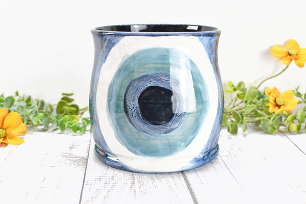 Ceramic Utensil Holder Crock Evil Eye, Pottery Seconds Sale, Kitchen Counter, Hand Painted Stoneware Organizer Turkish Blue White Handmade