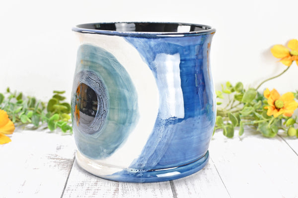 Ceramic Utensil Holder Crock Evil Eye, Pottery Seconds Sale, Kitchen Counter, Hand Painted Stoneware Organizer Turkish Blue White Handmade