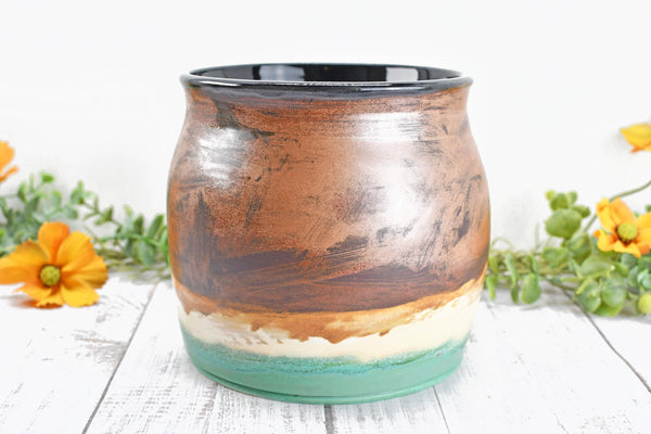 Ceramic Utensil Holder Crock for Kitchen Countertop, Copper Pottery Organizer in Turquoise Green and Cream, or Flower Pot Housewarming Gift