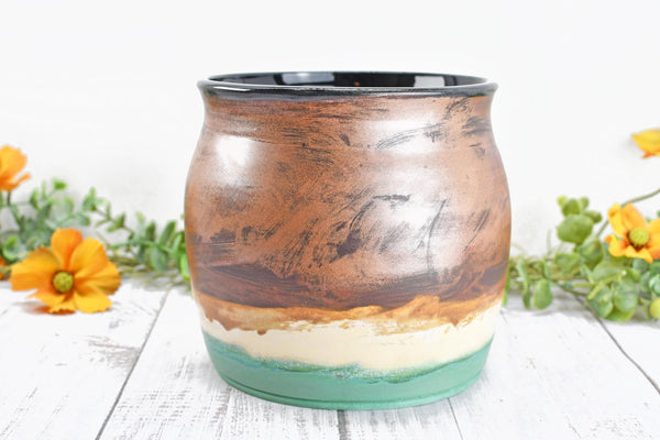 Ceramic Utensil Holder Crock for Kitchen Countertop, Copper Pottery Organizer in Turquoise Green and Cream, or Flower Pot Housewarming Gift