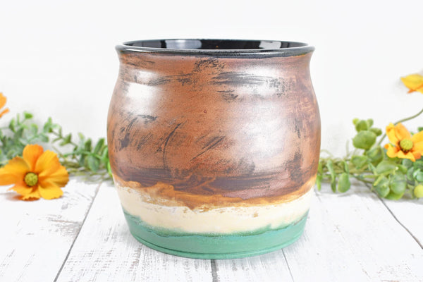 Ceramic Utensil Holder Crock for Kitchen Countertop, Copper Pottery Organizer in Turquoise Green and Cream, or Flower Pot Housewarming Gift