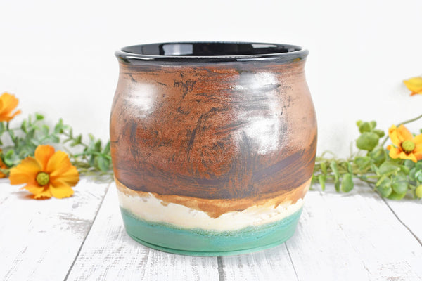 Ceramic Utensil Holder Crock for Kitchen Countertop, Copper Pottery Organizer in Turquoise Green and Cream, or Flower Pot Housewarming Gift